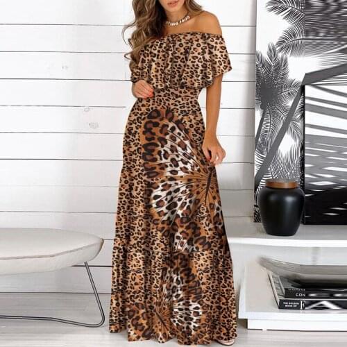 2021 Holiday Beach Maxi Summer Dress Sexy Elegant Ruffles Slash Neck Belt Floral Leopard Print Mujer Party Long Dress Vestidos