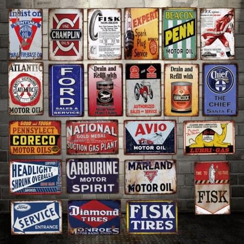 [ DecorMan ] Spark Plug Pemn Motor oil sale service Fish Tire Metal Poster Custom wholesale Mural Painting Bar PUB Decor LT-1868