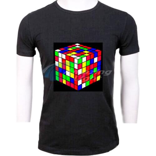 LED t shirt Music Colorful Rubiks Cube light up el panel t-shirt sound activated flashing el panel t-shirt