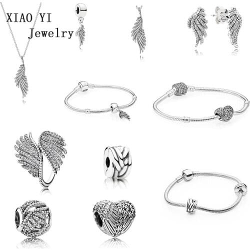 XIAOYI 100% 925 11 ANGELIC Majestic Feathers Stud Earrings Beaded Charm Clip Ring Bracelet Set Good quality