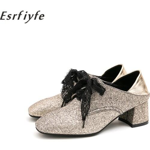 ESRFIYFE 2020 New Fashion Brand Women Pumps Bling Thick Heels Lace Up Spring Summer Shoes Woman Square Toe Party Shoes Slippers