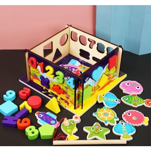 Magnetic fishing/inlay building block 2 in 1 Wooden toys digital geometry matching blocks fishing games childrens toy Baby gift