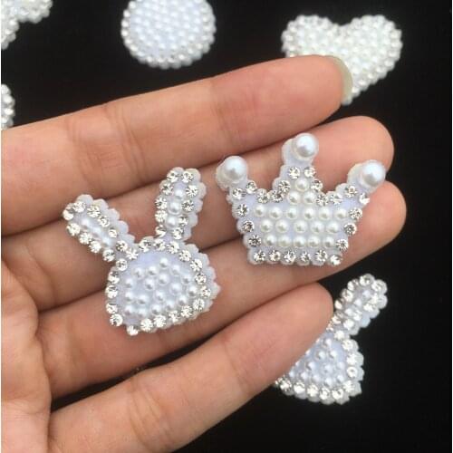 20Pcs/lots Mixed Pearl Butterfly Bow Tie Patches Rhinestone Heat Crwon Stick-on Patches Applique Clothes Hairband Garment Supply