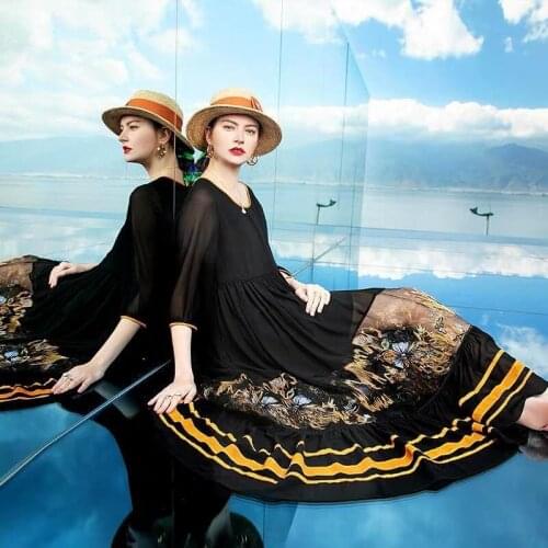 2021 New Summer Female O-Neck Dress Casual Loose Plus Size A Line Vestidos Women Vintage Floral Embroidery Holiday Dresses A55