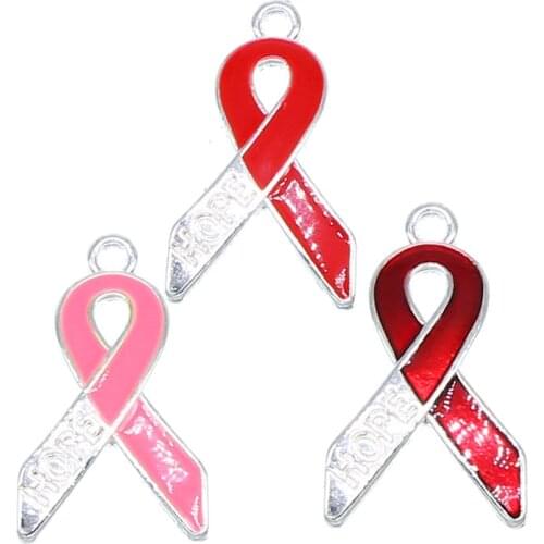 6pcs Silver Plated Enamel Breast Cancer Ribbon Hope Charms Pendant fit Jewelry Making Accessories DIY Craft wholesale
