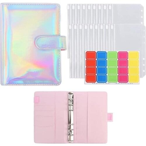 A6 PU Leather Binder Cover Pink Leather Binder File Pocket Loose-Leaf Folder 6-Ring PVC Budget Envelope Binder