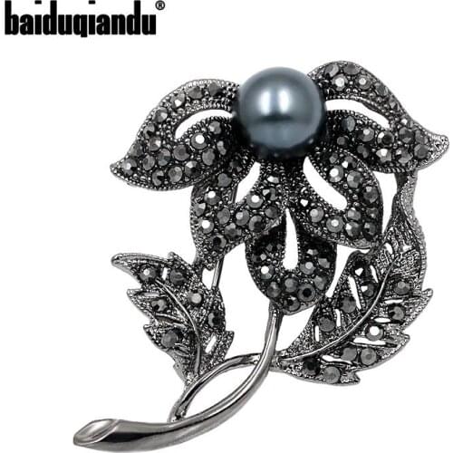 Baiduqiandu Brand Black Color Rhinestone Floral Leaf Brooches for Women Vintage Fashion Brooch Jewelry Accessories Gifts