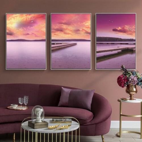 Fuchsia Sunset Seascape Abstract Pictures Blue Sea Red Beach Canvas Poster and Prints Living Room Wall Art Paintings Home Decor