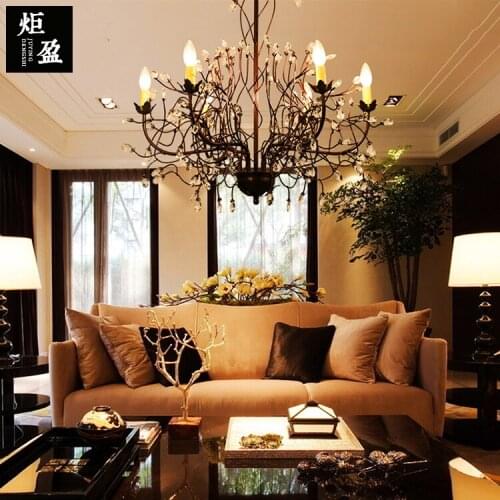 American country village black wrought iron crystal tree branch candle tube chandelier for hotel bar hotel dining room