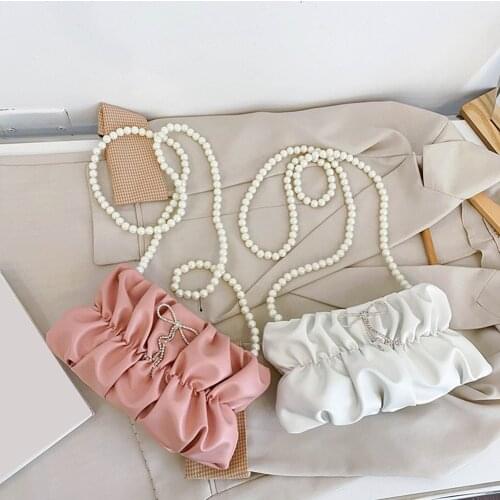 New Fashion PU Leather Rhinestone Bowknot Pleated Women Small Shoulder Crossbody Bags Solid Casual Ladies Pearl Chain Handbags