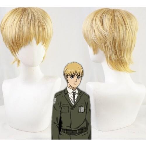 Attack on Titan Armin Arlert Short Silky Straight Boys Shaggy Layered Golden Mixed Synthetic Hair Men Cosplay Wig+ Wig Cap