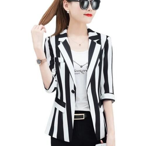 Striped slim small suit women jackets plus size S-4XL 2020 korean autumn thin coat bodycon black white office suit