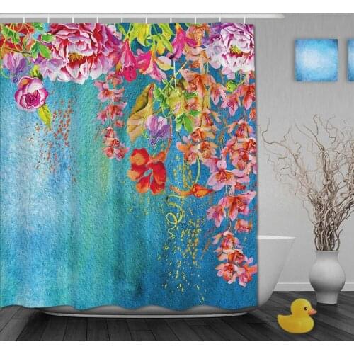 Custom Watercolor beautiful Red Floral And Blue pattern background Shower Curtains Waterproof Fabric With Hooks Bathroom Curtain