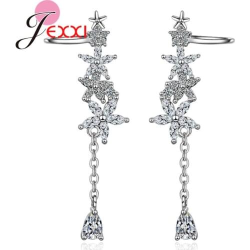 Popular Women Silver Stud Earrings Blossom Cubic Zirconia Link Water Drop Pendant Rose Gold Color Wedding Party Accessory