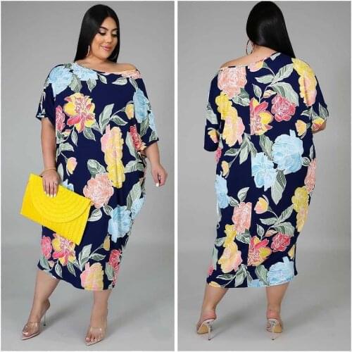 Plus Size Women Midi Dress Print Long Sleeve Dresses Knee-Length Club Party Loose Vestidos BC880
