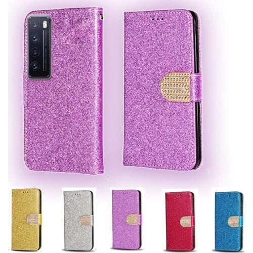 Luxury Glitter Diamond Flip Leather Wallet Phone Case For Huawei Nova 7 Phone stand function cover with card slot
