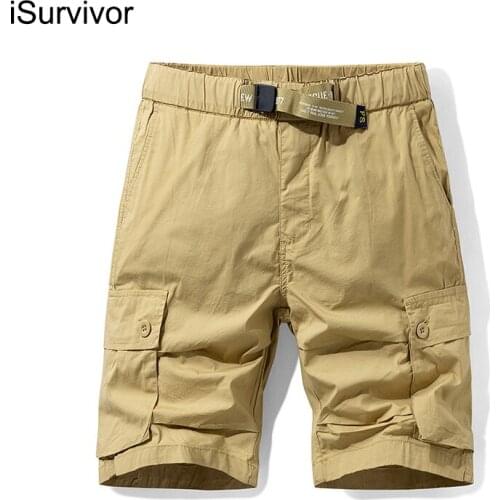 ISurvivor 2021 New Multi-Pocket Tooling Shorts Mens Summer New Elastic Loose Elastic Belt Solid Color Casual Men Pants