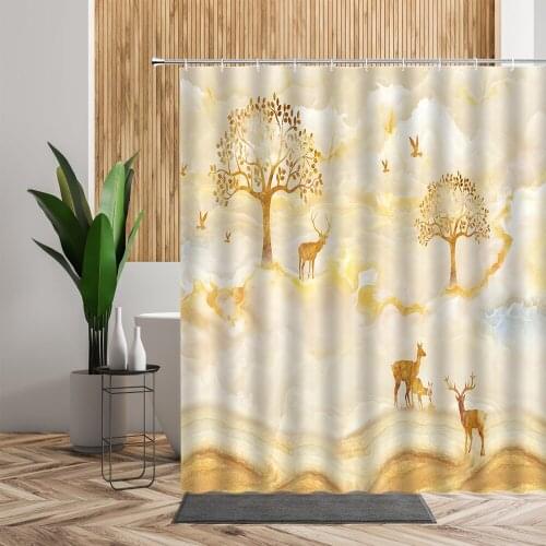 Marble Printed Shower Curtain Bath Deer Chinese Landscape Pattern Bathroom Decor Wall Hanging Decors Waterproof Screen Curtains