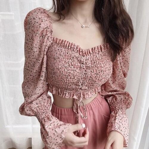 Women Blouse Sexy Floral Long Sleeve Square Neck Drawstring Retro Top for Spring Summer Vacation Travelling Party Photography