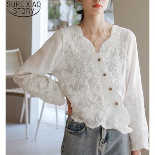 2021 Casual tops V-Neck Button Women Shirts Cotton Floral Embroidery Blouse Women Solid white Long Sleeve Female Clothing 13332