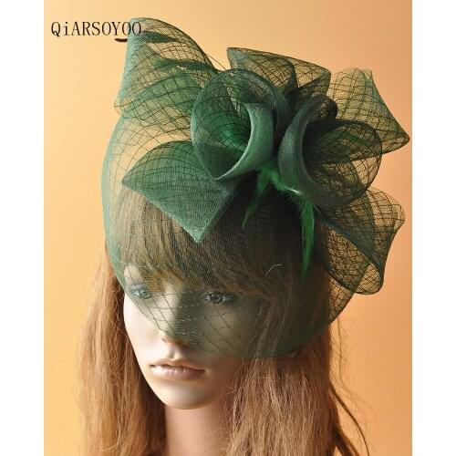Flower Net Feather Fascinators Hat Big Mesh Gauze Flower Hairpins Green Yellow Ladies Wedding Party Costume Headwear & Hats