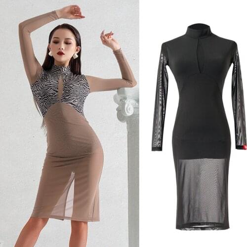 Women Latin Dance Costumes Sexy Mesh Long Sleeve Dress Practice Clothes Ballroom Chacha Samba Tango Latin Dance Dress SL4444