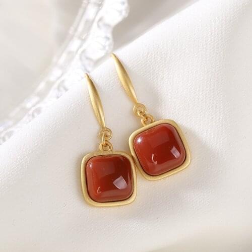 Natural 925 sterling silver gilded inlaid southern red agate round square retro earrings simple individuality for women