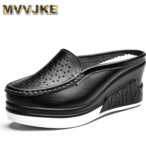 MVVJKE SummerThick Bottom White Ladies High Heels Slides Genuine Leather Women Wedges Slippers Cut-Outs Wedge Heel Sandals Shoes