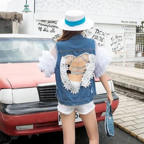 Beaded Tassel Lace Flower Net Yarn Sleeve Patchwork Hollow Out Backless Denim Waistcoat Autumn 2021 Loose Casual Hole Jeans Vest