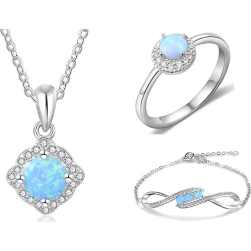 Bridal Jewelry Sets 925 Sterling Silver Blue Opal Rings & Bracelet & Necklaces Pendant Cubic Zircon Jewelry Sets for Women