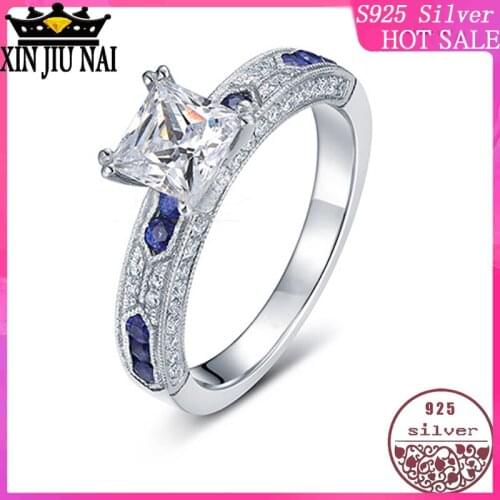 100% 925 Sterling Silver Square Solitaire Women Rings Finger Blue Micro Pave Cubic Zirconia Eternity Ring Wedding diamond Band