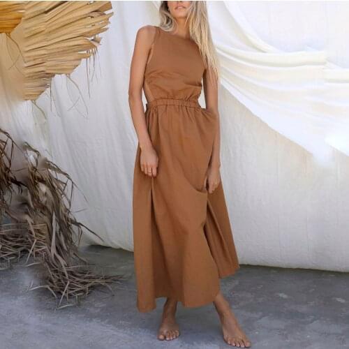 2021 Womens Sleeveless Summer Dress Fashion Elastic Waist Solid Color Sexy A Line Dresses Night Party Club Long Dress Clothes