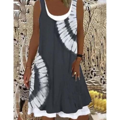 Knee Length Dress Women Fashion Dresses Elegant Casual Sleeveless Floral Print Round Neck Splice Summer Dress Plus Size 2021 New