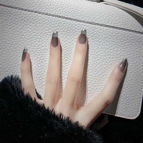 24pcs press on nails coffin Silver French False nails Detachable gauze Manicure patch artificial nails