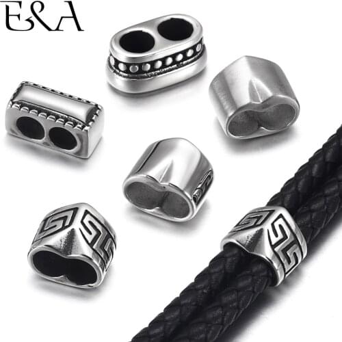 4pcs 316L Stainless Steel Double Hole Beads Fit 5mm 4mm Round Leather Cord Bracelet Spacer DIY Jewelry Making Metal Accessories