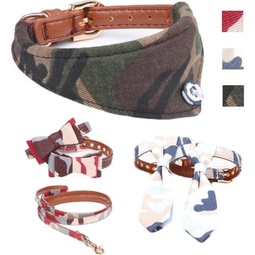 Dog Collar Leash Pet Cat Accessories Bow Tie Bandana Leather Collier Chain Supplies Camouflage for Small Big Teddy Chihuahua