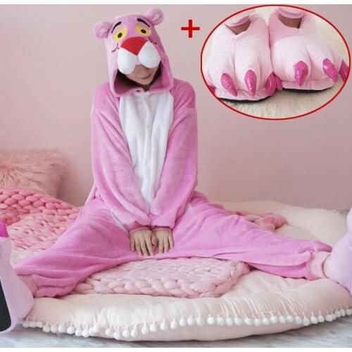 Cute Pink Panther Woman Onesie Hooded Cosplay Onesies With Shoes For Adult Kids One-Piece Animal Pajamas Long Sleeve Sleepwear