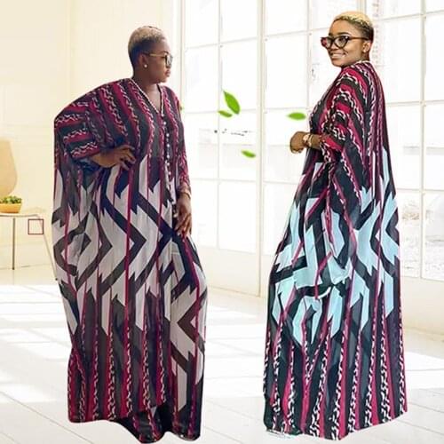 2 Piece Set African Dresses for Women Plus Size Patchwork Loose Button Dress + Pants Gown Ladies Clothes Abayas Dubai Suit
