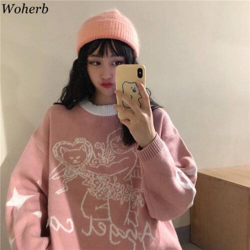 Woherb Cute Knit Pullover Woman Sweater Autumn Japanese Harajuku Jumpers 2021 Angel Cartoon Streetwear Casual Female Sweaters