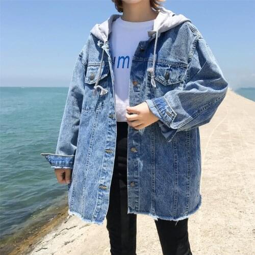 Fashion Denim Jacket Female 2019 Spring New Korean Medium Style Hooded Cowboy Coats Women Casual Jackets Loose Denim Clothing