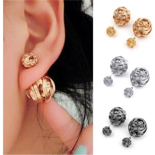 New Unique Attractive Charms Fashion Women Double Sides Alloy Pearl Earring Two Ball Stud Earrings Piercing For Lover Girls