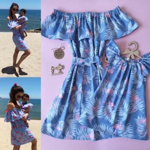 Family Matching Outfits Fashion Mommy Me Summer Dress Family Match Beach Dress Mother Daughter Flamingo Dress