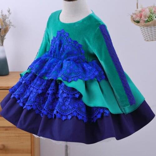 Baby Girl Autumn Winter Velvet Vintage Spanish Princess Dress Lolita Ball Gown lace stitching Christmas Birthday Wedding Party