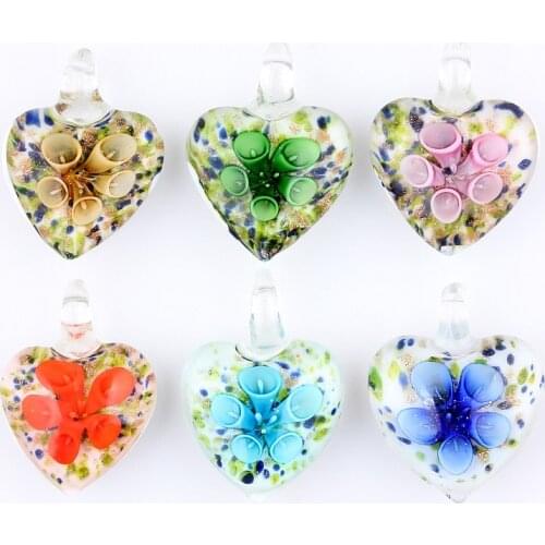 QianBei Wholesale 6pcs handmade Murano Lampwork Glass Color Glory Flower Heart Pendant Fit Necklace Hot Christams gift