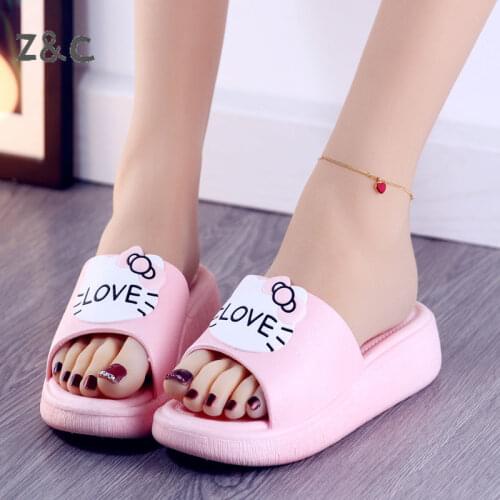 Sandals Women Wearing Non-Slip Muffin Thick Bottoms With Students Cute Cat Home Bathroom Word Drag Beach Slippers Girls Shoes