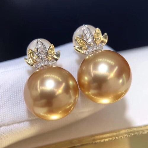D903 Pearl Earrings Fine Jewelry Solid 18K Gold Round 10-11mm Nature Sea Water Golden Pearls Stud Earrings for Women Presents