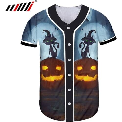 UJWI Halloween New Ghost Pattern 3D Printed Baseball Shirt Flame Pumpkin And Black Castle Wholesale Mens Street Clothing