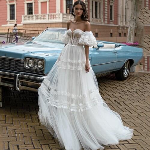 Eightree Beach Lace Ivory Wedding Dress 2021 Vintage Tassel A-Line Flare Sleeve Tulle Bride Dresses Sweetheart Boho Custom Size