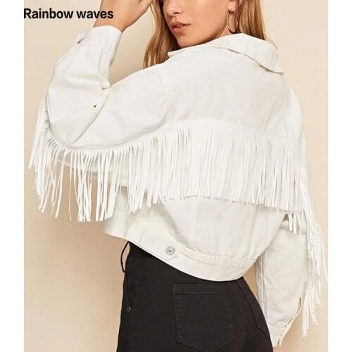 Rainbowwaves Stylish Fringe Beaded Loose White Denim Jacket Coat Women 2021 New Autumn Fashion Long Sleeve Casual Outerwear