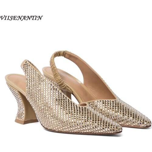 High Heels Womens Summer 2021 Baotou Thick Heel Square Toe Leather Back Empty Sequined Upper Back Strap All-match Sandals